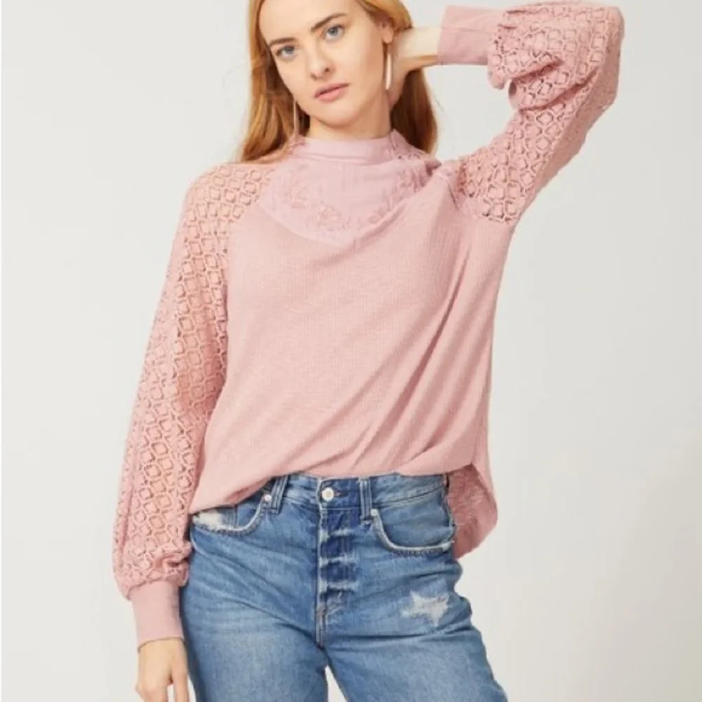 Free People Embroidered Crocheted Thermal High Neck Top